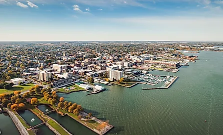 Incredible aerial city skyline panorama photograph of Sandusky, Ohio. 