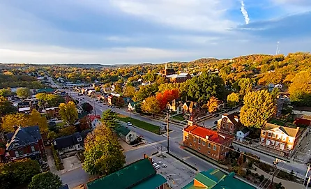 Early morning sun lights up the fall colors down Market Street in Hermann, Missouri.