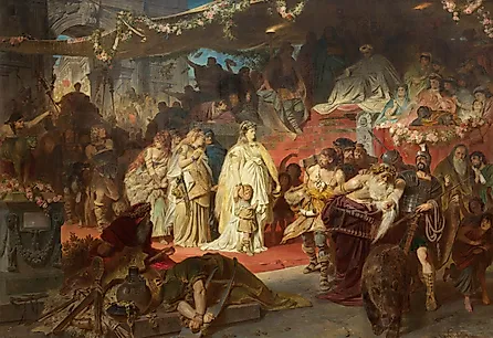 The Triumph of Germanicus after his major victory in Germania. Women and children of the noble families defeated in the war were also displayed as trophies in the Triumph.