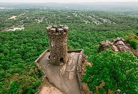 Overhead aerial view from Castle Craig in Hubbard Park in Meriden, Connecticut.