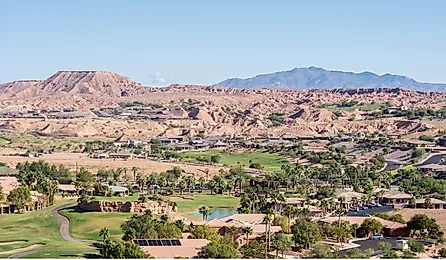 Picturesque Mesquite, Nevada, nestled in a valley amongst mesas and mountains.