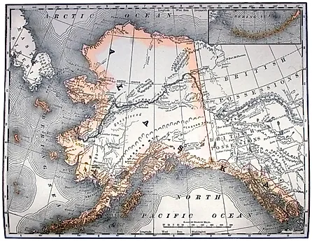 Vintage original map of Alaska, line-colored, dated 1889.