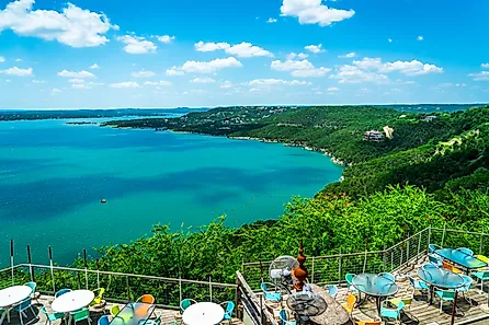 Green summer landscape at Travis Lake, showcasing the serene beauty of the central Texas Hill Country outside Austin.
