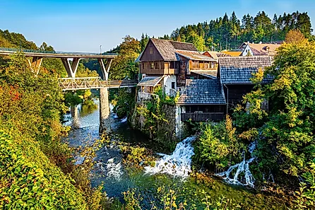 The modern viaduct over the Slunjcica River in Rastoke village of Slunj, Croatia.