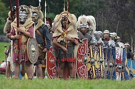 Roman legion display at the Roemerfest in the roman village of Augusta Ruarica located in Augst, Switzerland. Via Shutterstock / Franziska Guedel.