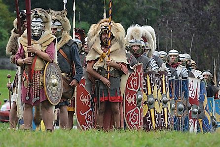 Roman legion display at the Roemerfest in the roman village of Augusta Ruarica located in Augst, Switzerland. Via Shutterstock / Franziska Guedel.