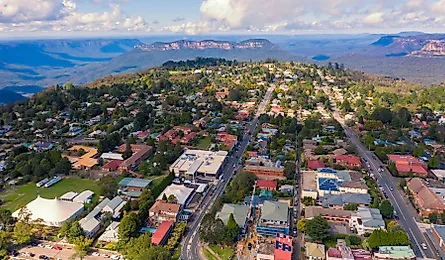 Aerial view of Katoomba and The Blue Mountains in Australia.