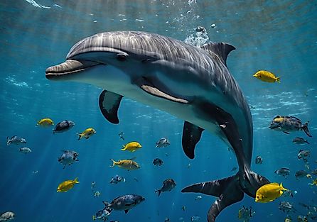 Dolphin swimming underwater near colorful fish.