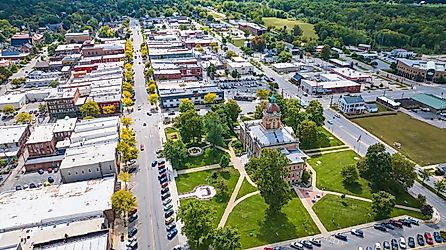 Aerial view of the Historic Courthouse and Downtown Goshen, Indiana.