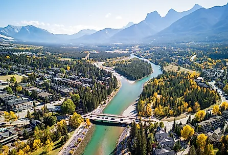 Aerial view of Canmore, Alberta. 