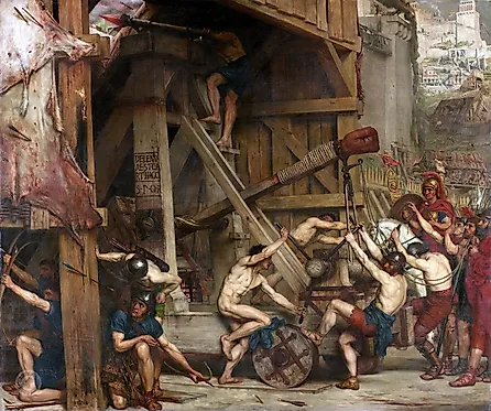 Depiction of Roman soldiers manning a catapult for the attack on Carthage. By Edward Poynter, Public Domain, Wikimedia Commons.