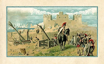 Steel engraving of Athens attempt to conquer the Corinthian colony of Syracuse in Sicily during the Peloponnesian War. 415 BC Original edition from my own archives Source : "Allgemeine Weltgeschichte" 1898