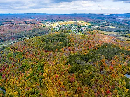 An aerial view of Thomas, West Virginia, in autumn.