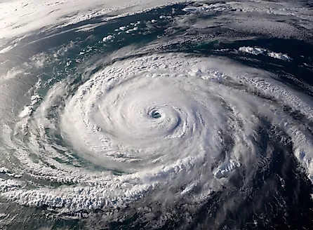 Aerial View of Tropical Superstorm, A Hurricane Eye Forming Over Ocean. 