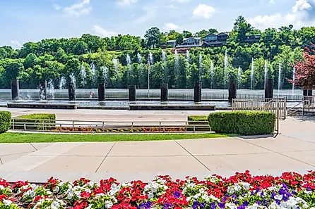Gardens and fountains at Branson Landing in Branson, Missouri.