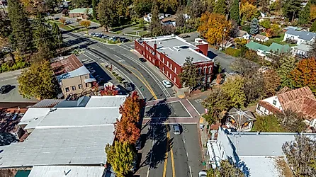 High angle view of downtown Weaverville, California.