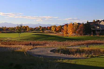 Golf course in the autumn in Broomfield, Colorado with colorful trees
