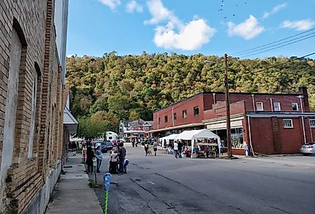 Apple Butter Festival booths in the historic downtown Berkeley Springs, West Virginia.