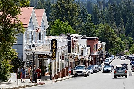 Rustic buildings along Broad Street in Nevada City, California. Image credit Frank Schulenburg, CC BY-SA 4.0 <https://creativecommons.org/licenses/by-sa/4.0>, via Wikimedia Commons