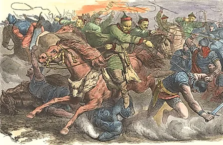 Huns (in green) engaged in a battle.
