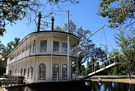 Double decker, paddle boat serves as a visitor's center for Greenville, Mississippi.