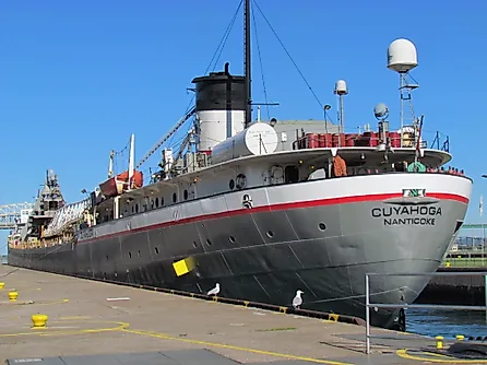 The self unloading bulk carrier Cuyahoga prepares to leave the MacArthur Lock, Public Domain