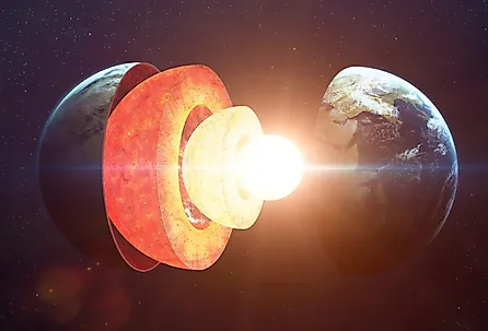 A cutaway of Earth's interior, with the solid inner core nested inside the liquid outer core.