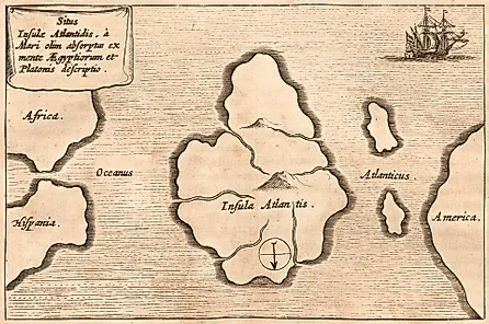 Kircher's map of Atlantis, oriented with south at the top, from Mundus Subterraneus. Athanasius Kircher, Public domain / Via Wikimedia Commons.