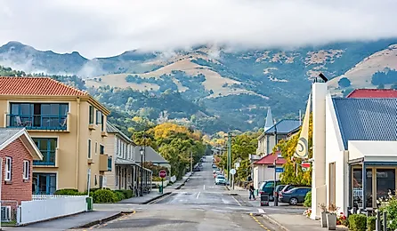 Coast and French Village in Akaroa, New Zealand. 