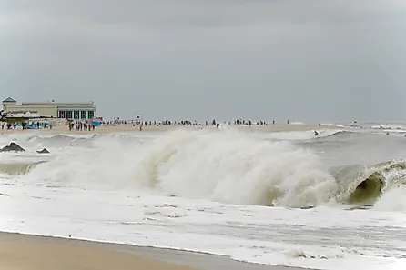 Rough seas, rip currents and high winds caused by Hurricane Erin batter and flood Cape May's iconic Atlantic coast beaches, Editorial credit: George Wirt / Shutterstock.com