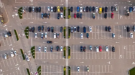 An aerial view of a large parking lot. 