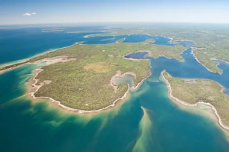 Air photo of the Les Cheneaux Island chain located in Lake Huron, Michigan.