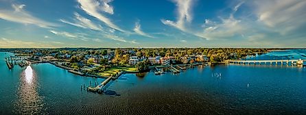 Aerial view of colonial Chestertown on the Chesapeake Bay, Maryland, USA, during summer.
