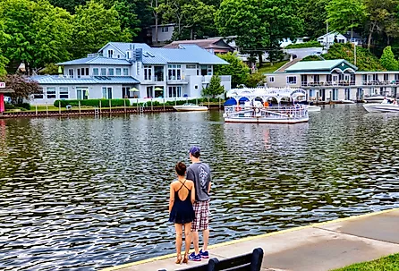 Waterfront buildings near the entrance to the Oval Beach on Lake Michigan, Saugatuck, Michigan. Image credit PQK via Shutterstock