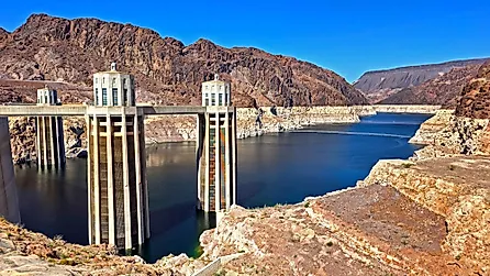 Hoover Dam intake towers above Lake Mead.
