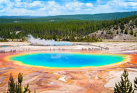 Tourists watching the Grand Prismatic Spring at the Yellowstone National Park.