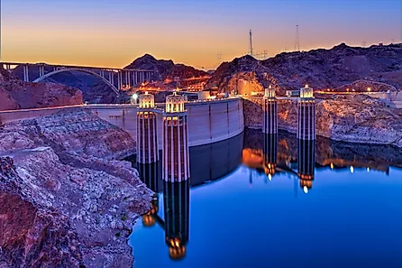 Hoover Dam calm water at sunset
