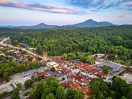 Helen, Georgia, USA downtown at night with Mt. Yonah in the distance.