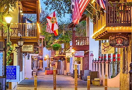 Shops and inns line St. George St in St. Augustine. Once the main street, it is still considered the heart of the city. Image credit: Sean Pavone via Shutterstock.