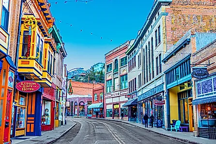 Buildings lining Main Street in Bisbee, Arizona.