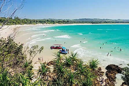 An aerial view of the Byron Bay coastline, New South Wales, Australia.