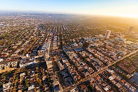 Aerial view of buildings on near Wilshire Blvd in Westwood, Los Angeles, CA