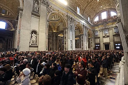 Overview of the Basilica where Pope Francis celebrates Holy Mass on the Solemnity of Mary Most Holy Mother of God in Altar of the Confessio, St. Peter’s Basilica. Editorial credit: Marco Iacobucci Epp / Shutterstock.com