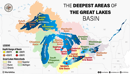 infopgraphic showing the deepest areas of the great lakes basin