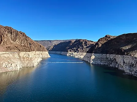 An upstream shot of Lake Mead formed by daming the Colorado River