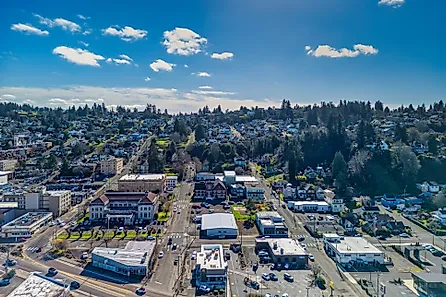 Aerial view of Astoria Oregon. Downtown of this famous small town.