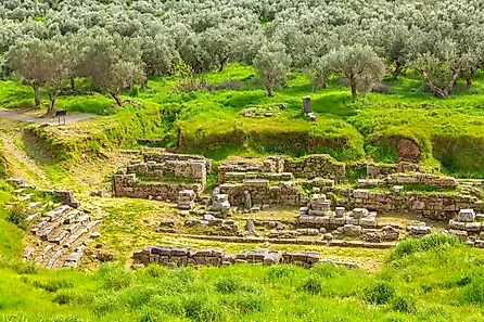 Ancient ruins remains in Peloponnese and olive tree garden of what was city state of Sparta