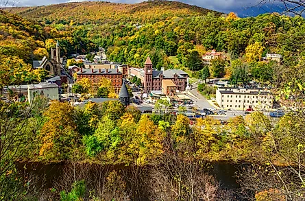 View of forests and buildings in the town of Jim Thorpe, Pennsylvania.