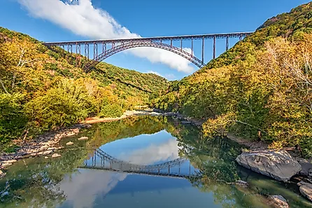 The New River Gorge Bridge near Fayetteville, West Virginia, spans the New River, which is widely considered the oldest river in North America and one of the oldest rivers in the world