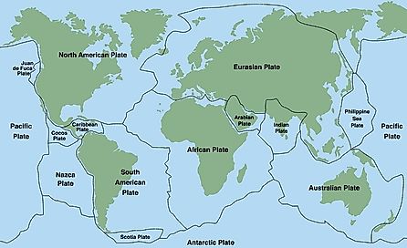 A map showing some of the world's major and minor tectonic plates. 